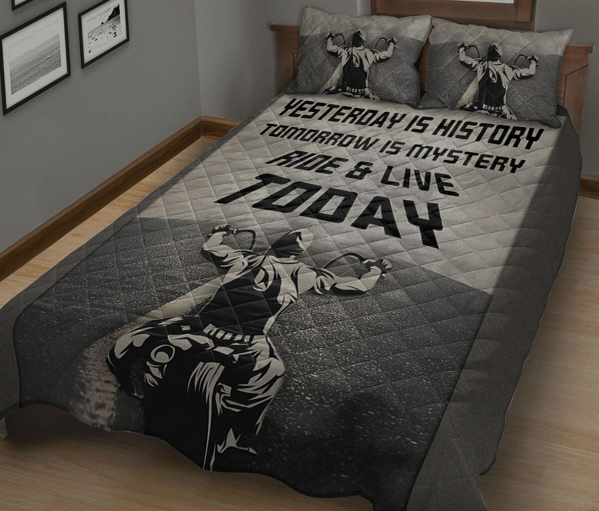 Biker Quilt Set, Biker Yesterday Is History Ride & Live Today Biker Black & White Quilt Blanket With Pillowcases, Quilt Bedding Set