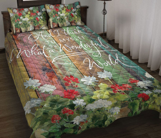 Garden Quilt Set, I Think To Myself What Wonderful World Garden Flower Floral Quilt Blanket With Pillowcases, Quilt Bedding Set