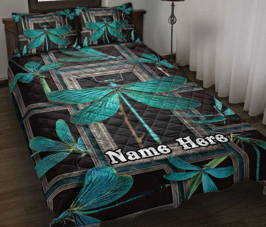 Personalized Dragonfly Quilt Set, Turquoise Dragonfly Frame Patchwork Floral Quilt Blanket With Pillowcases, Custom Name Quilt Bedding Set
