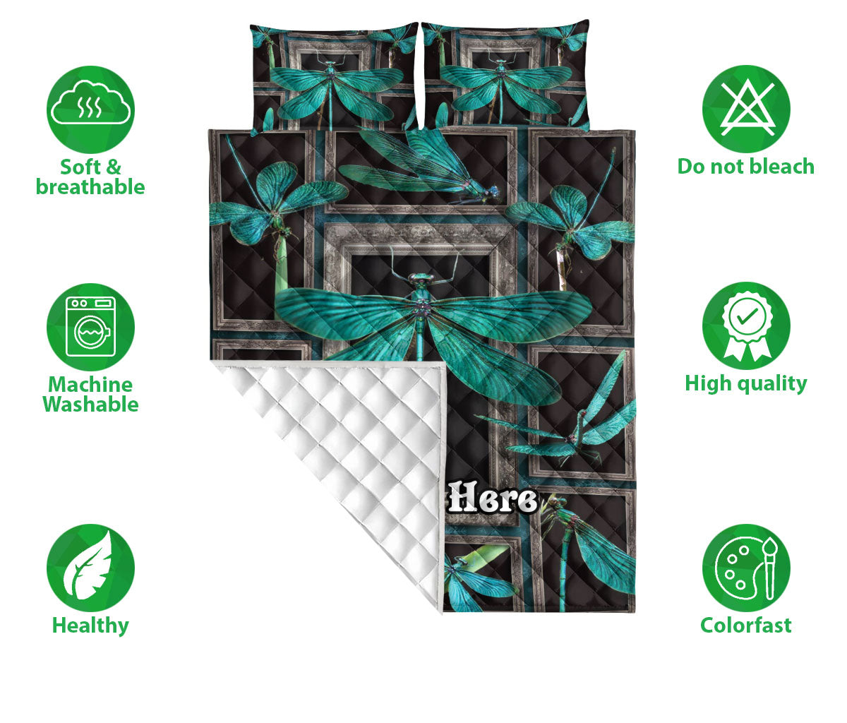 Personalized Dragonfly Quilt Set, Turquoise Dragonfly Frame Patchwork Floral Quilt Blanket With Pillowcases, Custom Name Quilt Bedding Set
