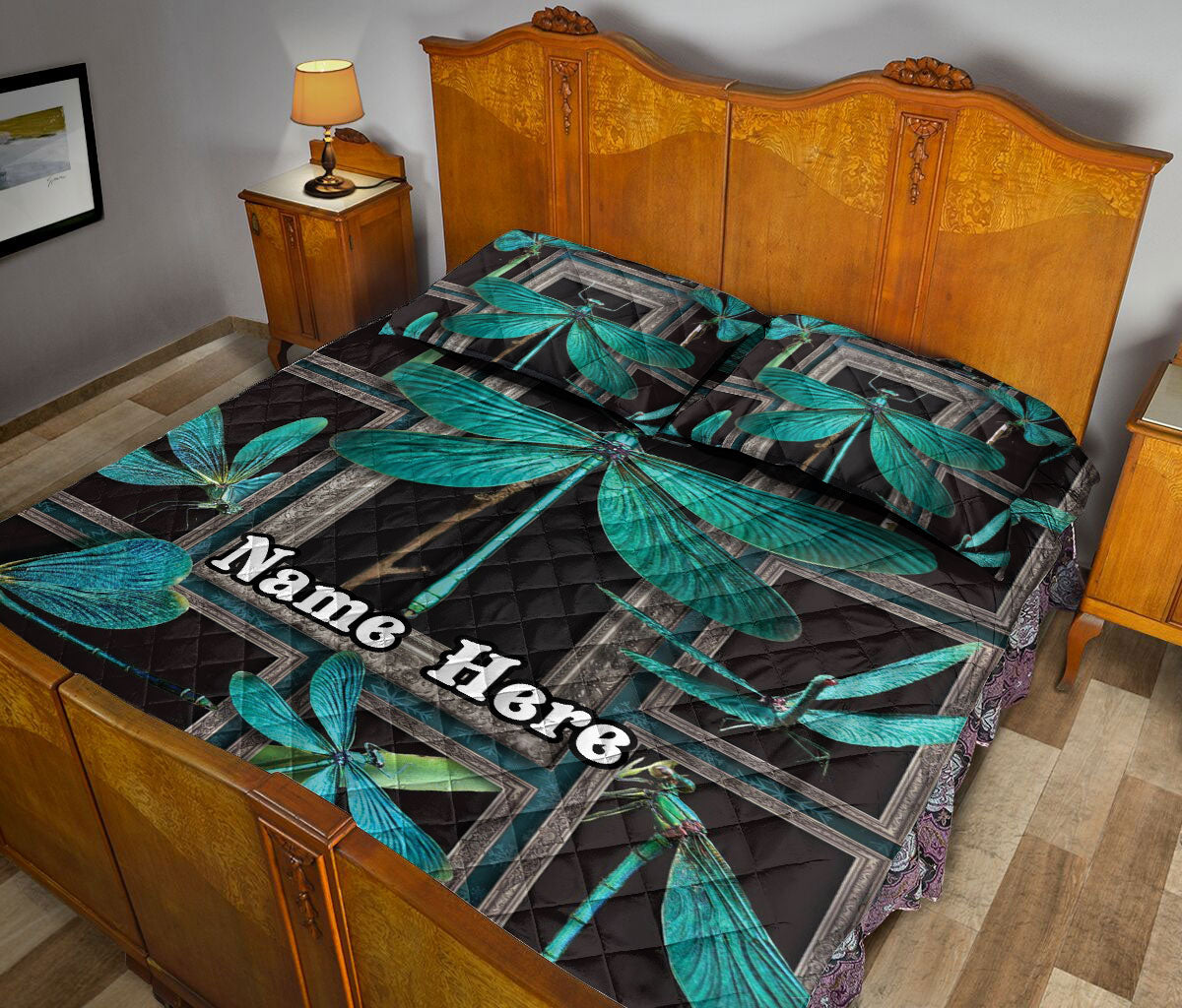 Personalized Dragonfly Quilt Set, Turquoise Dragonfly Frame Patchwork Floral Quilt Blanket With Pillowcases, Custom Name Quilt Bedding Set