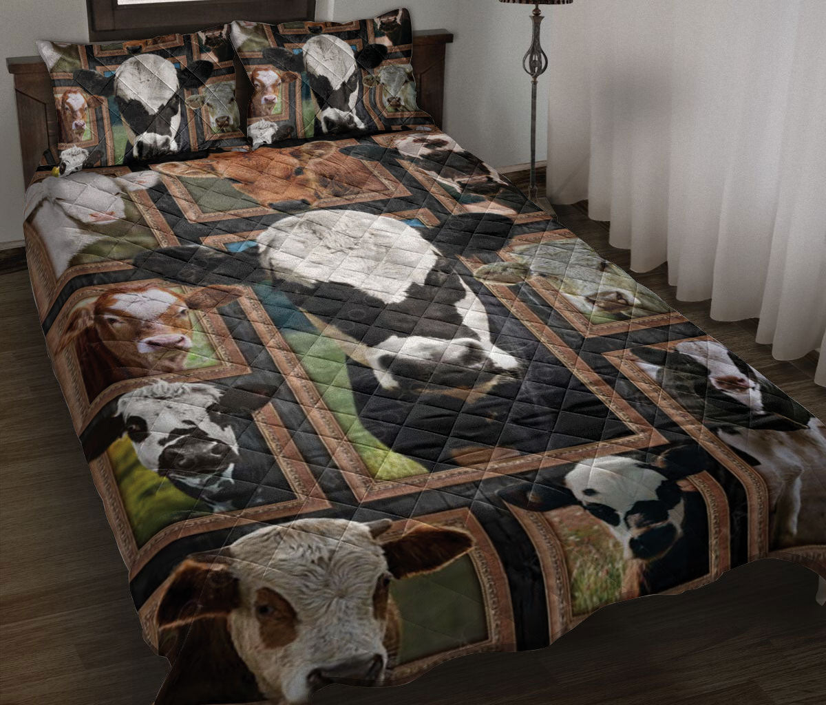 Cattle Quilt Set, Cute Cows Cattle Frame Patchwork Floral Farm Quilt Blanket With Pillowcases, Quilt Bedding Set