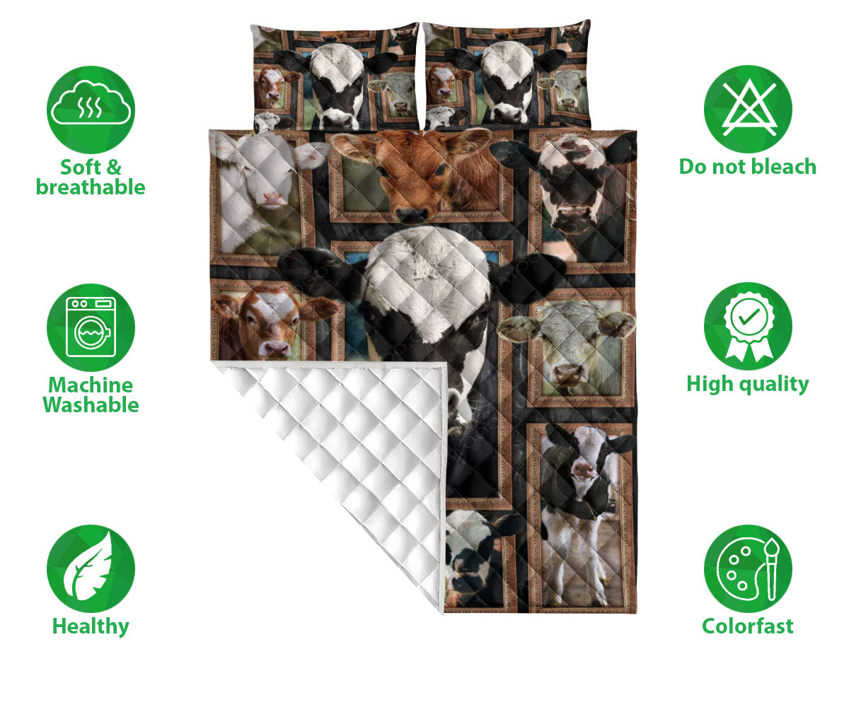Cattle Quilt Set, Cute Cows Cattle Frame Patchwork Floral Farm Quilt Blanket With Pillowcases, Quilt Bedding Set