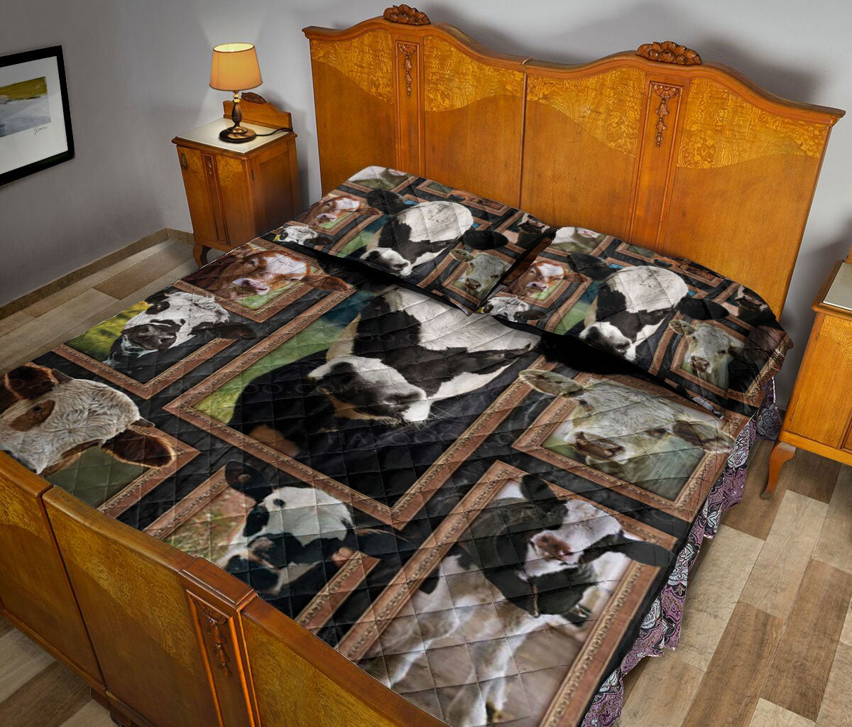 Cattle Quilt Set, Cute Cows Cattle Frame Patchwork Floral Farm Quilt Blanket With Pillowcases, Quilt Bedding Set