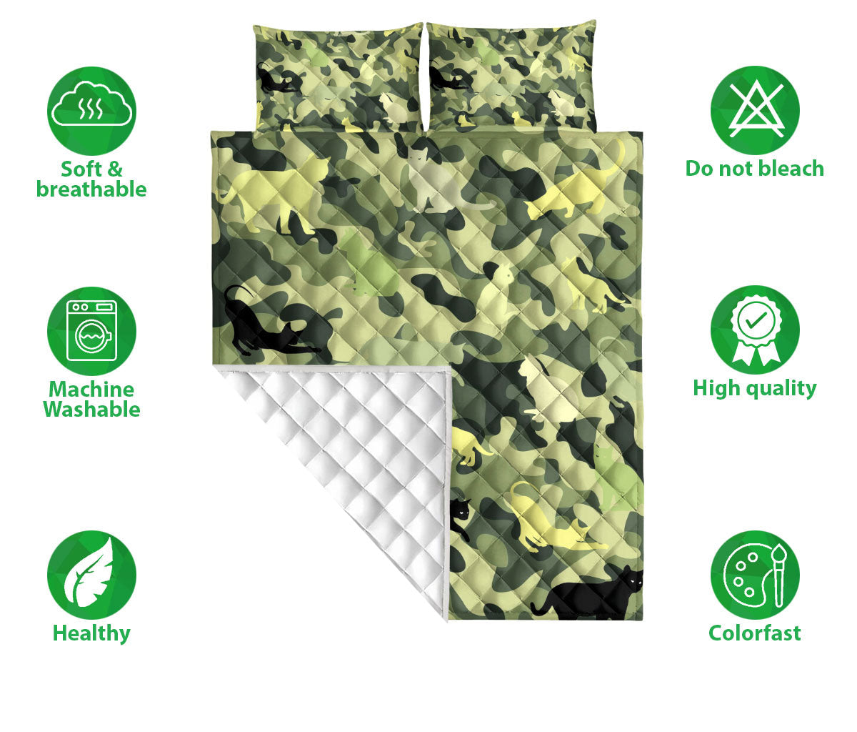 Cat Quilt Set, Funny Cats Green Cat Kitten Quilt Blanket With Pillowcases, Quilt Bedding Set