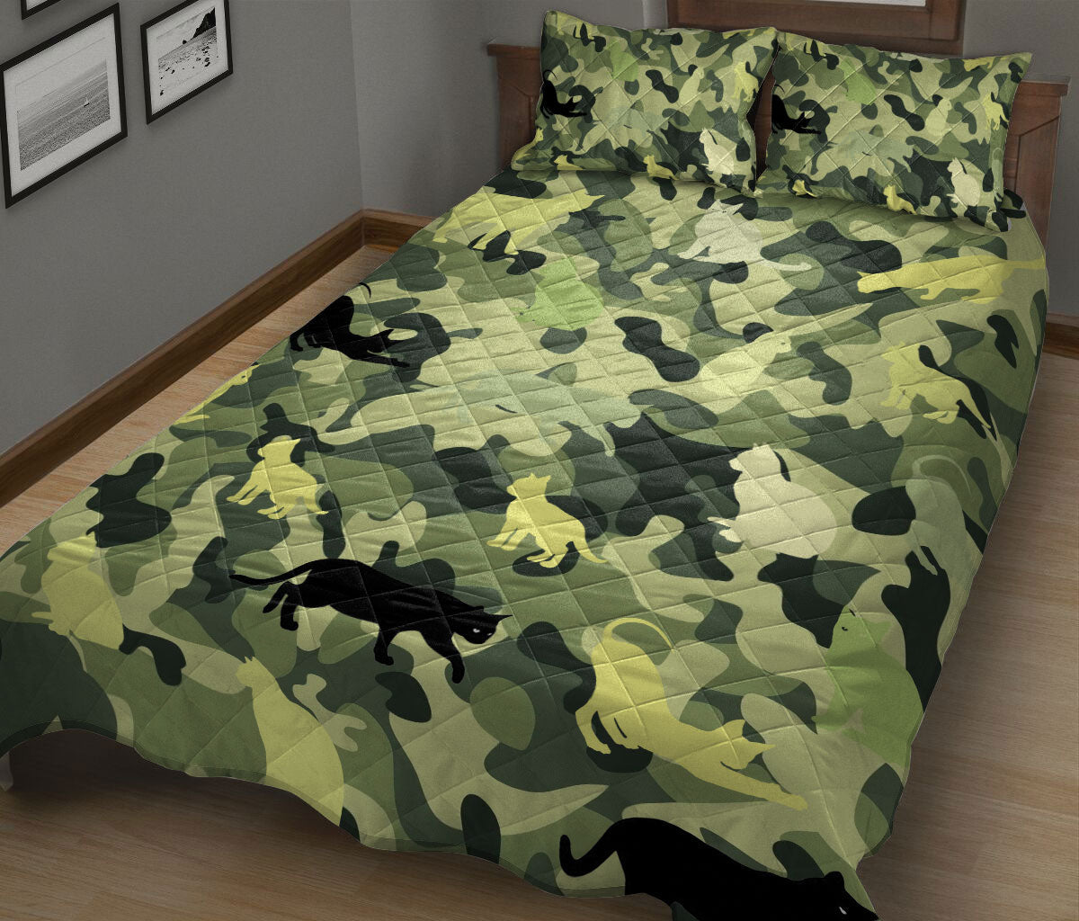 Cat Quilt Set, Funny Cats Green Cat Kitten Quilt Blanket With Pillowcases, Quilt Bedding Set