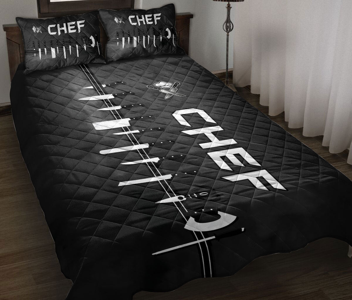 Chef Quilt Set, Chef Tools Uniform Chef Cooking Black Quilt Blanket With Pillowcases, Quilt Bedding Set
