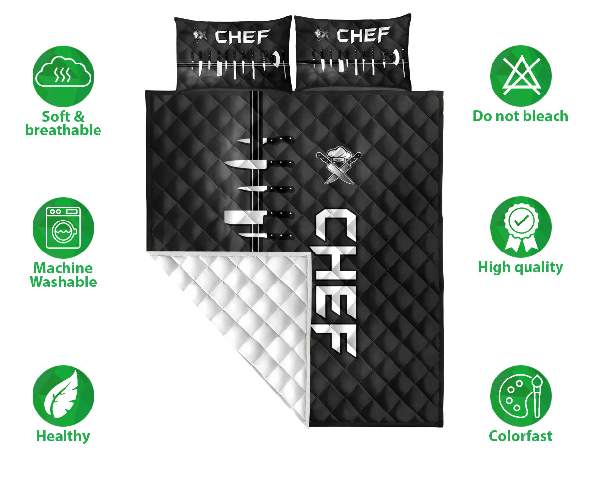 Chef Quilt Set, Chef Tools Uniform Chef Cooking Black Quilt Blanket With Pillowcases, Quilt Bedding Set