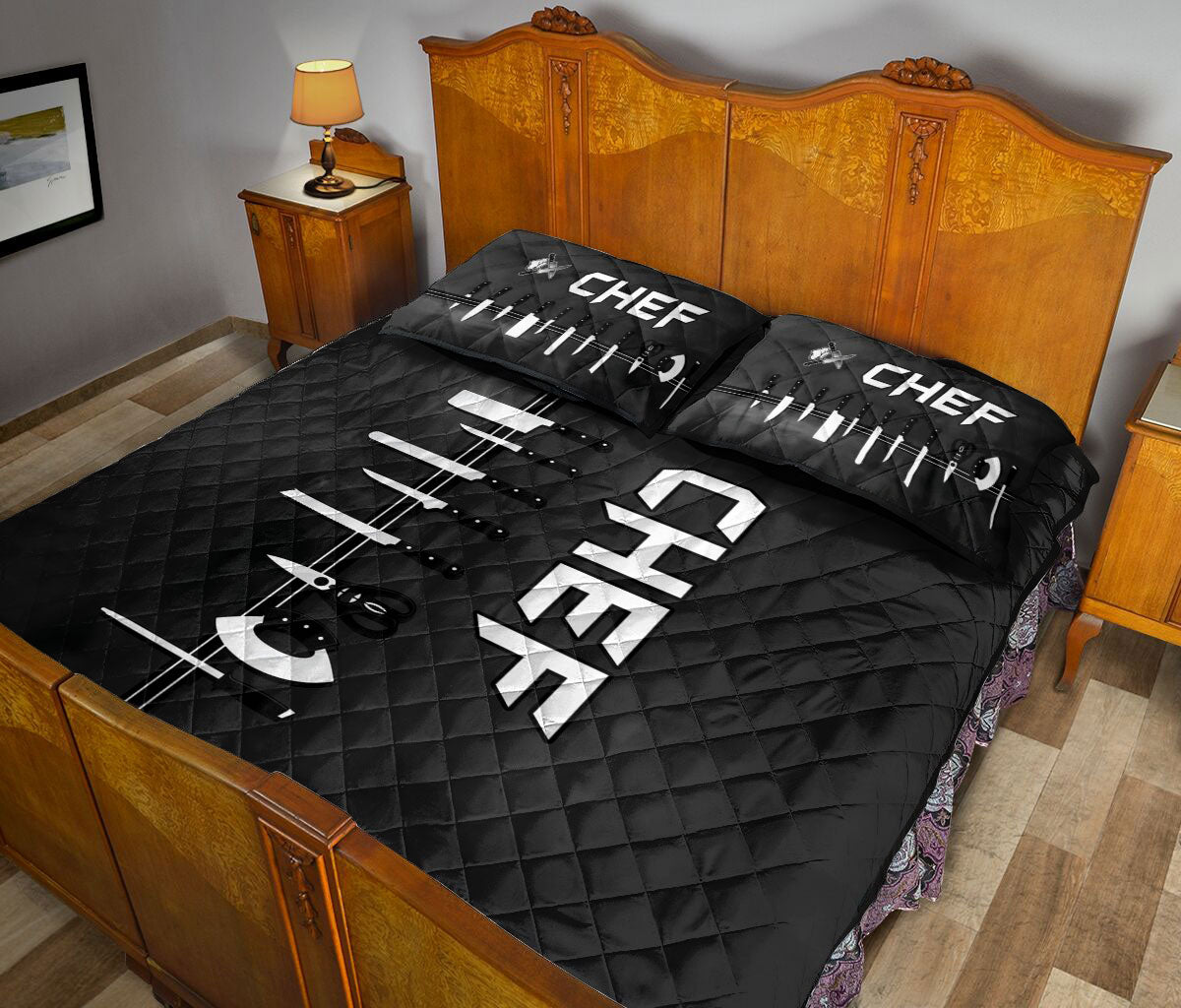 Chef Quilt Set, Chef Tools Uniform Chef Cooking Black Quilt Blanket With Pillowcases, Quilt Bedding Set