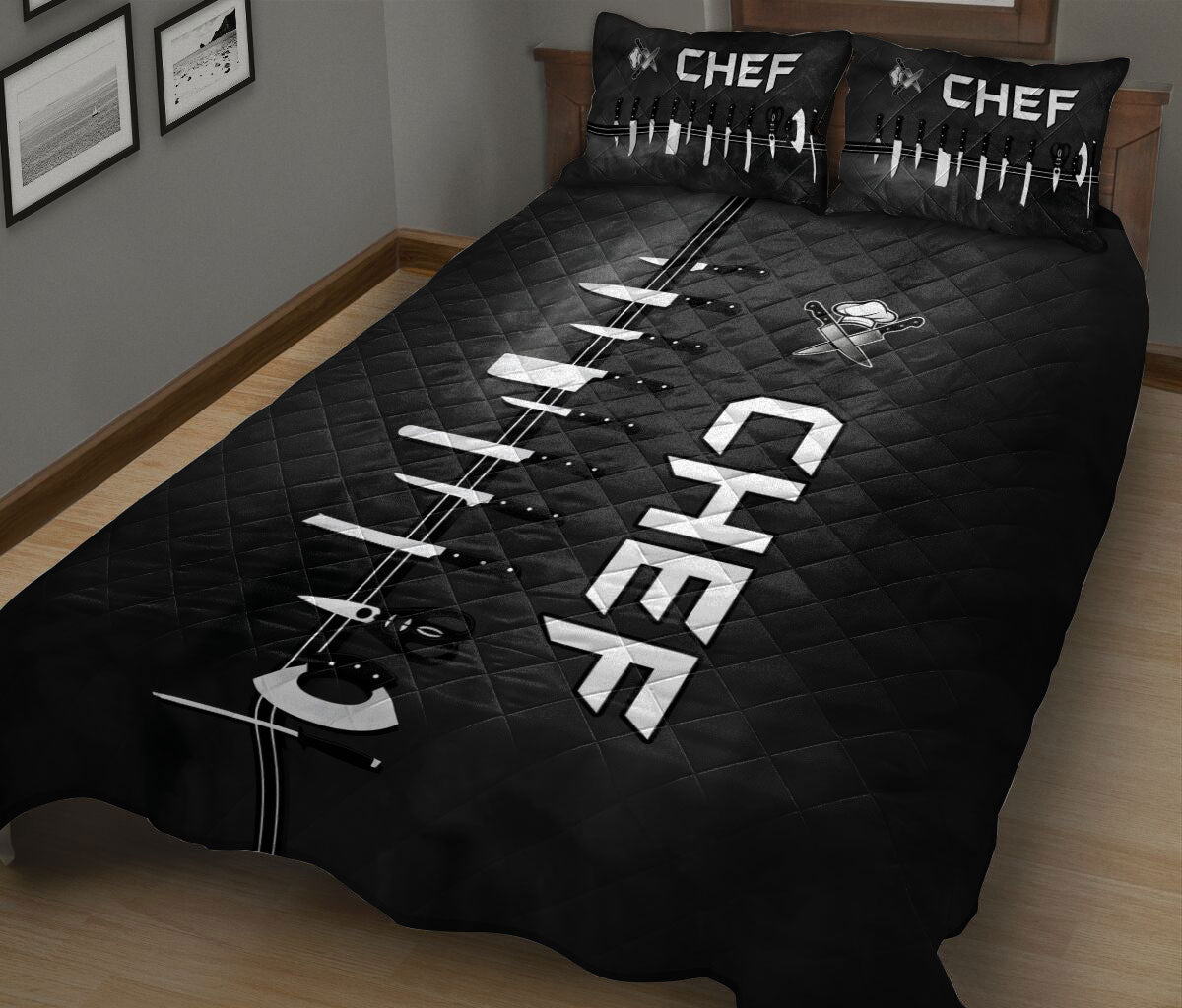 Chef Quilt Set, Chef Tools Uniform Chef Cooking Black Quilt Blanket With Pillowcases, Quilt Bedding Set