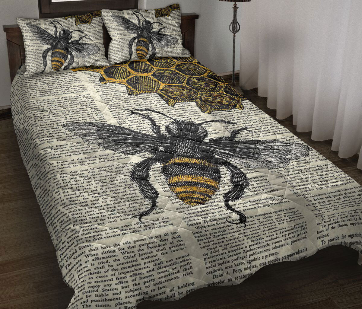 Bee Quilt Set, Bee Dictionary Page Honey Bee Quilt Blanket With Pillowcases, Quilt Bedding Set