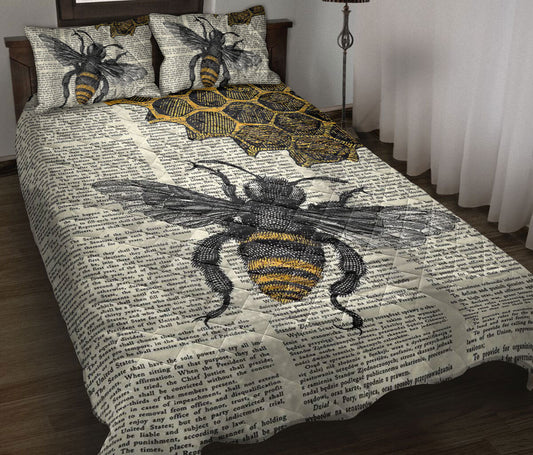 Bee Quilt Set, Bee Dictionary Page Honey Bee Quilt Blanket With Pillowcases, Quilt Bedding Set