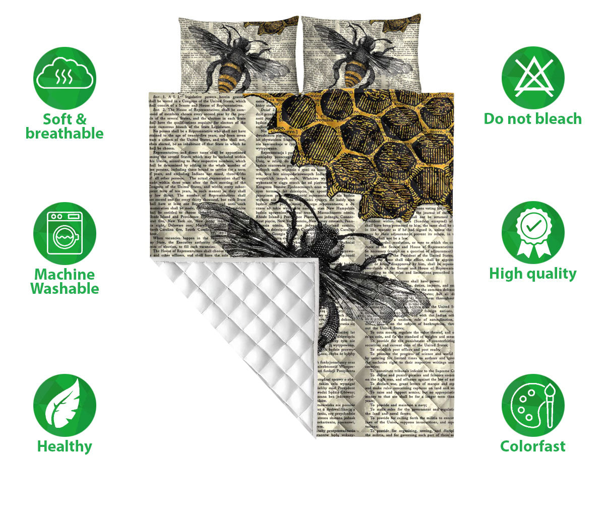 Bee Quilt Set, Bee Dictionary Page Honey Bee Quilt Blanket With Pillowcases, Quilt Bedding Set