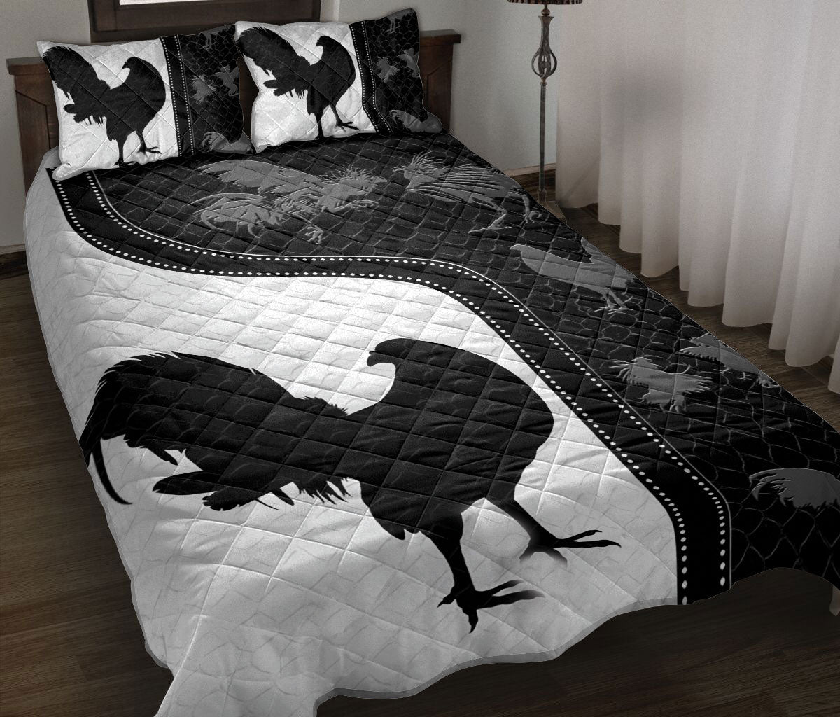 Chicken Quilt Set, Chicken Rooster Black & White Farm Quilt Blanket With Pillowcases, Quilt Bedding Set