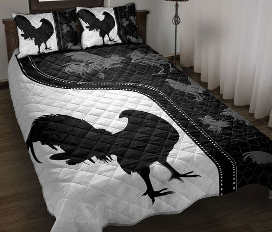 Chicken Quilt Set, Chicken Rooster Black & White Farm Quilt Blanket With Pillowcases, Quilt Bedding Set