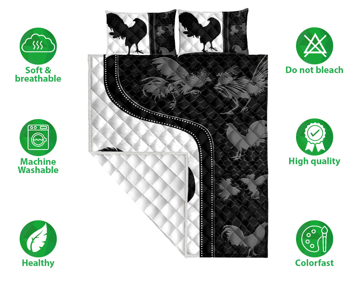 Chicken Quilt Set, Chicken Rooster Black & White Farm Quilt Blanket With Pillowcases, Quilt Bedding Set