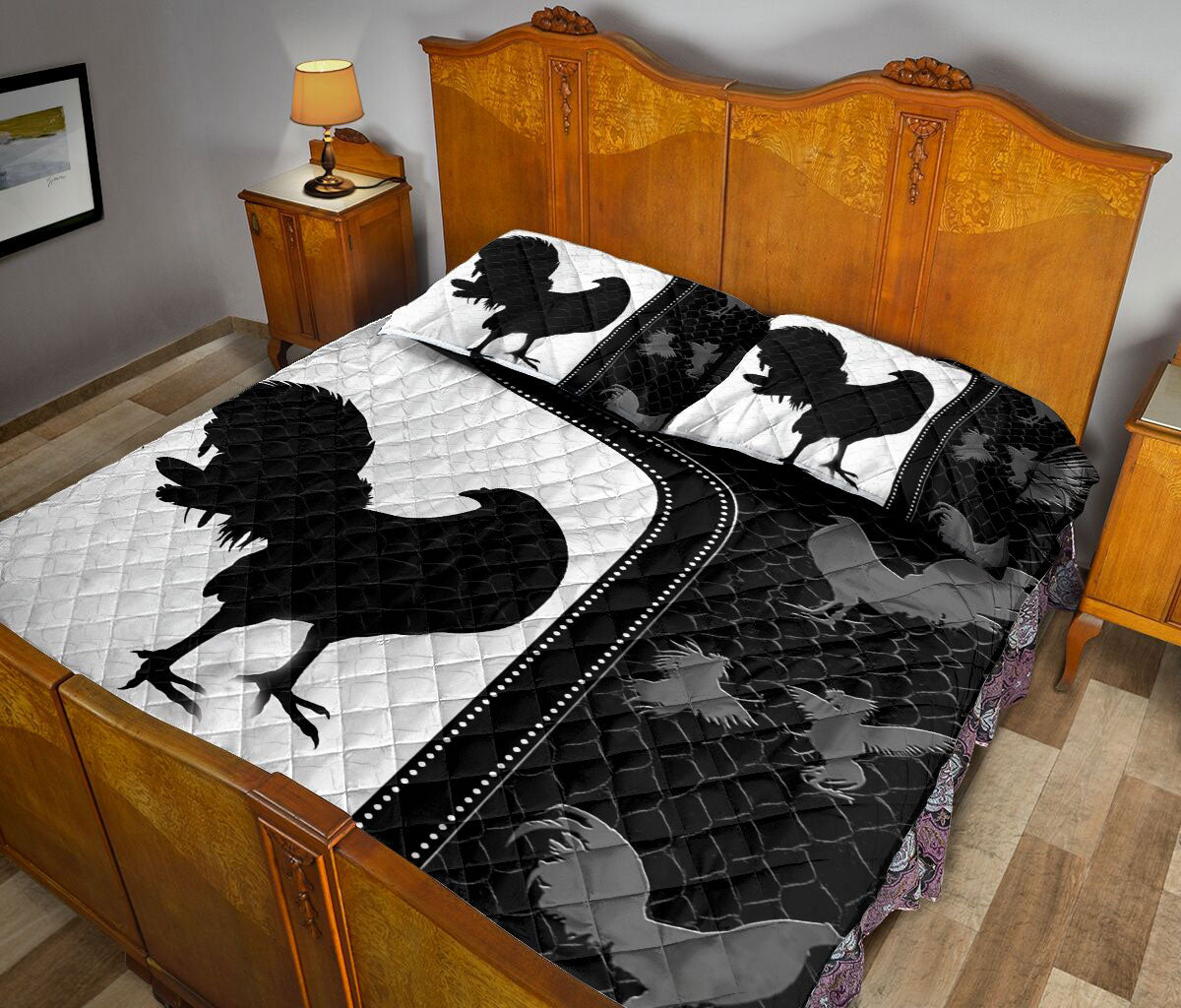 Chicken Quilt Set, Chicken Rooster Black & White Farm Quilt Blanket With Pillowcases, Quilt Bedding Set