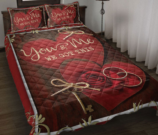 Couple Quilt Set, You & Me We Got This Red Heart Anniversary Couple H Usband & Wife Quilt Blanket With Pillowcases, Quilt Bedding Set
