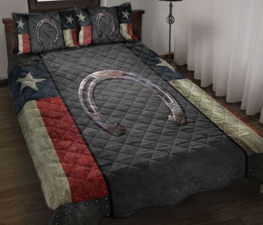 Cowboy Quilt Set, Western Texas Horseshoe Wild West Cowboy Cowgirl Texas Flag Black Quilt Blanket With Pillowcases, Quilt Bedding Set