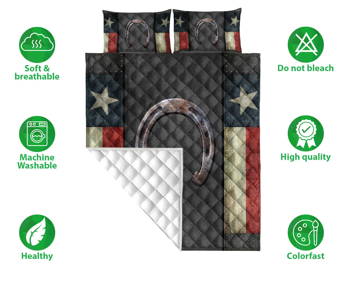 Cowboy Quilt Set, Western Texas Horseshoe Wild West Cowboy Cowgirl Texas Flag Black Quilt Blanket With Pillowcases, Quilt Bedding Set