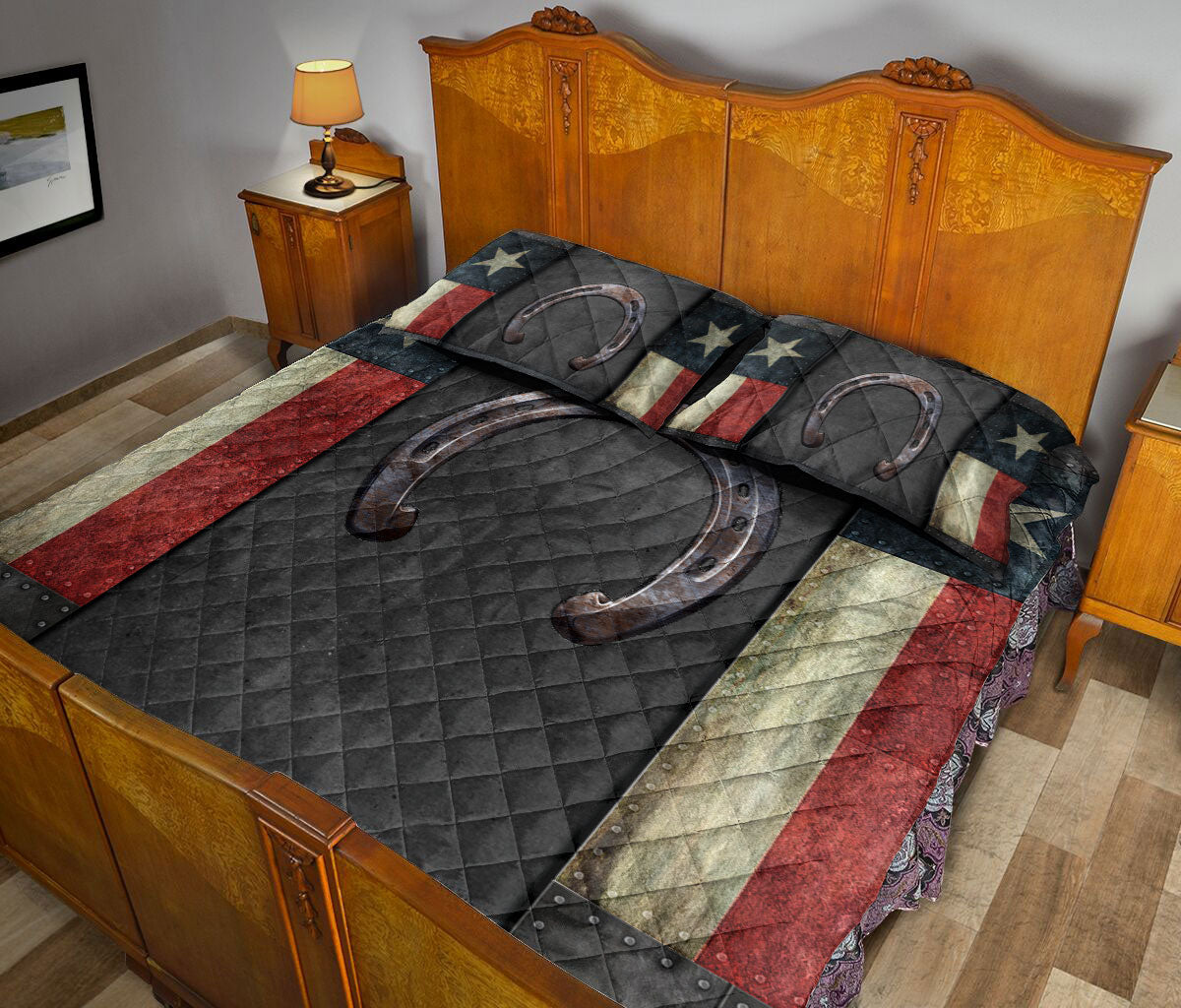 Cowboy Quilt Set, Western Texas Horseshoe Wild West Cowboy Cowgirl Texas Flag Black Quilt Blanket With Pillowcases, Quilt Bedding Set