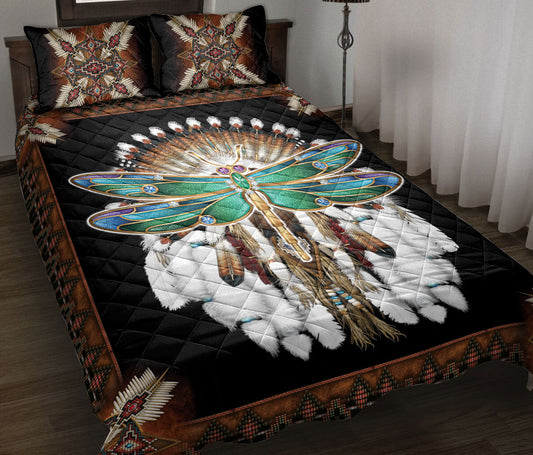 Dragonfly Quilt Set, Dragonfly Native Dreamcatcher Mandala Bohemian Quilt Blanket With Pillowcases, Quilt Bedding Set