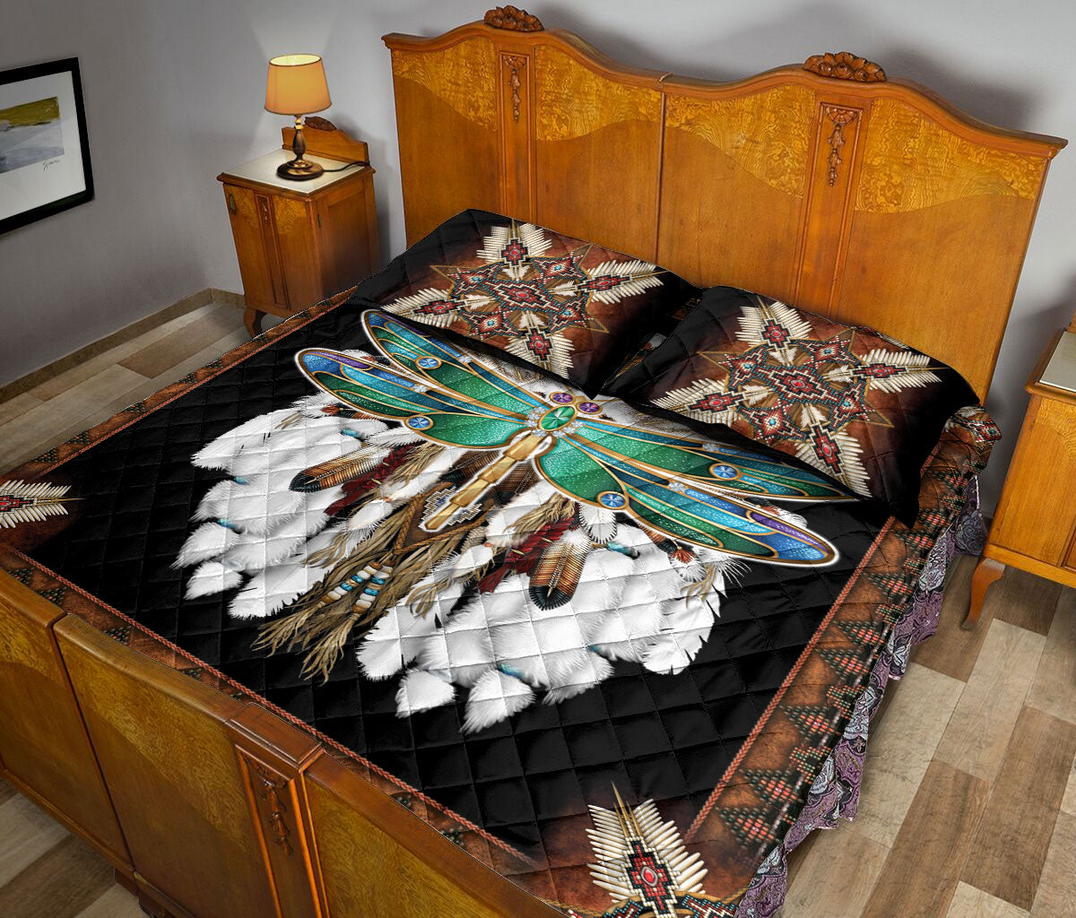Dragonfly Quilt Set, Dragonfly Native Dreamcatcher Mandala Bohemian Quilt Blanket With Pillowcases, Quilt Bedding Set