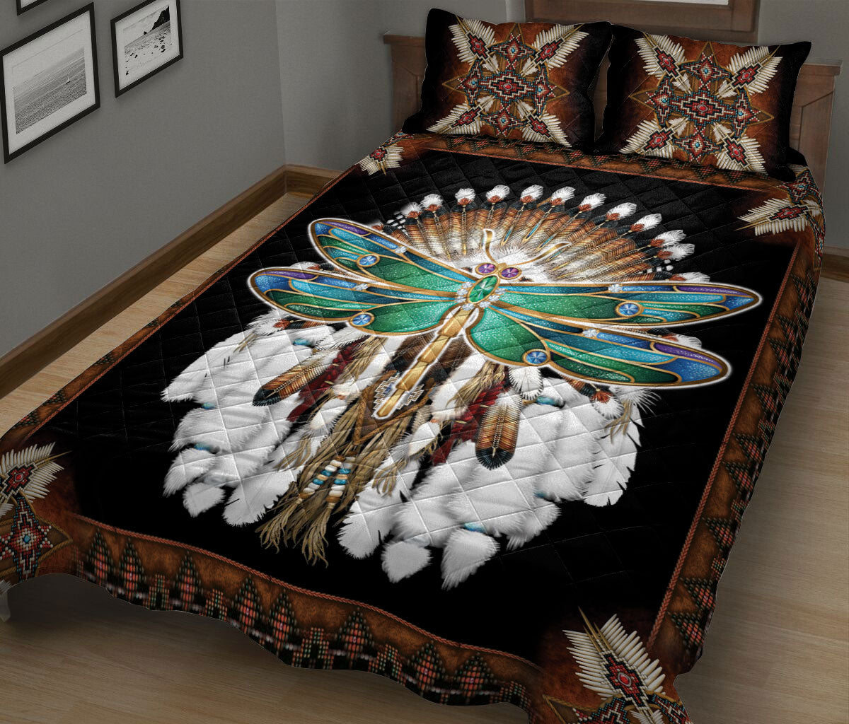 Dragonfly Quilt Set, Dragonfly Native Dreamcatcher Mandala Bohemian Quilt Blanket With Pillowcases, Quilt Bedding Set