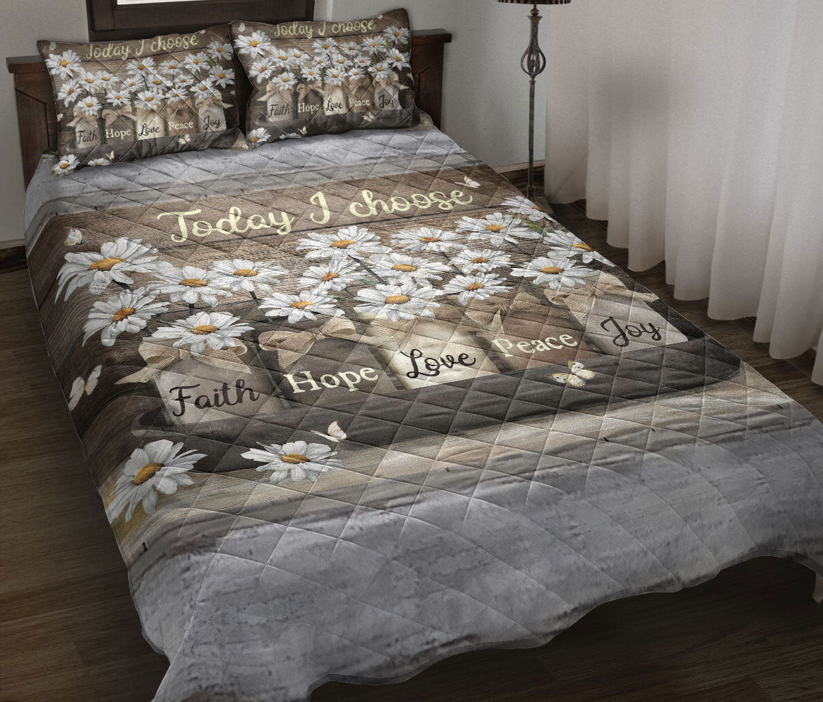 Christian Quilt Set, Today I Choose Faith Hope Love Peace Joy Daisy Floral Quilt Blanket With Pillowcases, Quilt Bedding Set