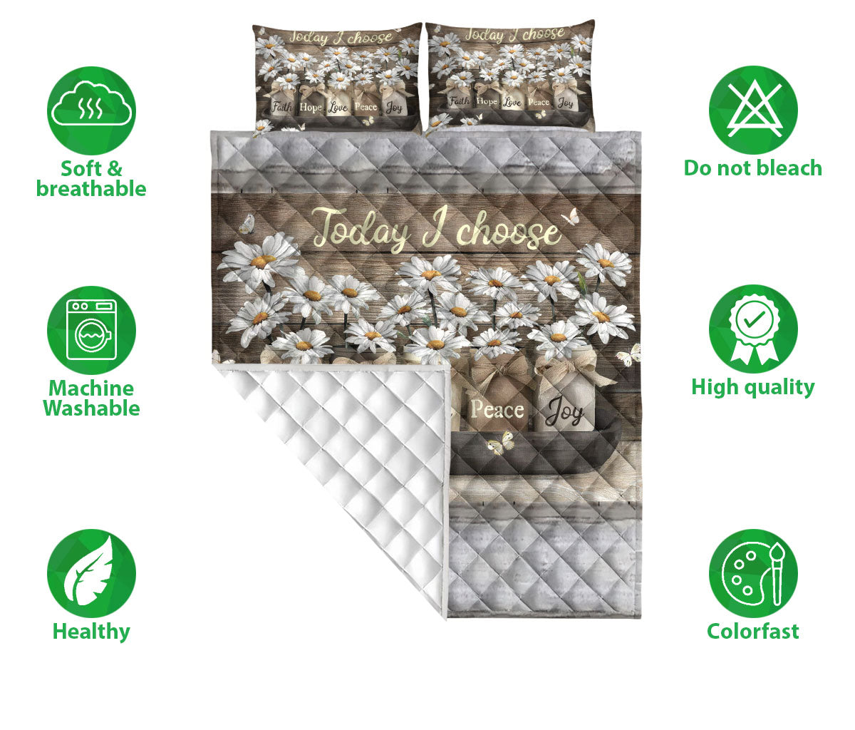 Christian Quilt Set, Today I Choose Faith Hope Love Peace Joy Daisy Floral Quilt Blanket With Pillowcases, Quilt Bedding Set