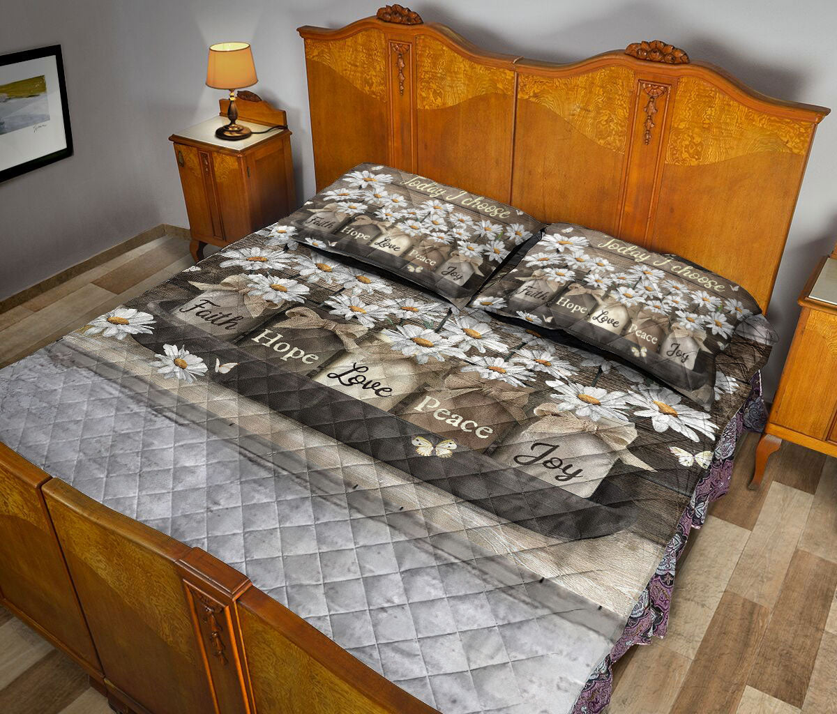 Christian Quilt Set, Today I Choose Faith Hope Love Peace Joy Daisy Floral Quilt Blanket With Pillowcases, Quilt Bedding Set