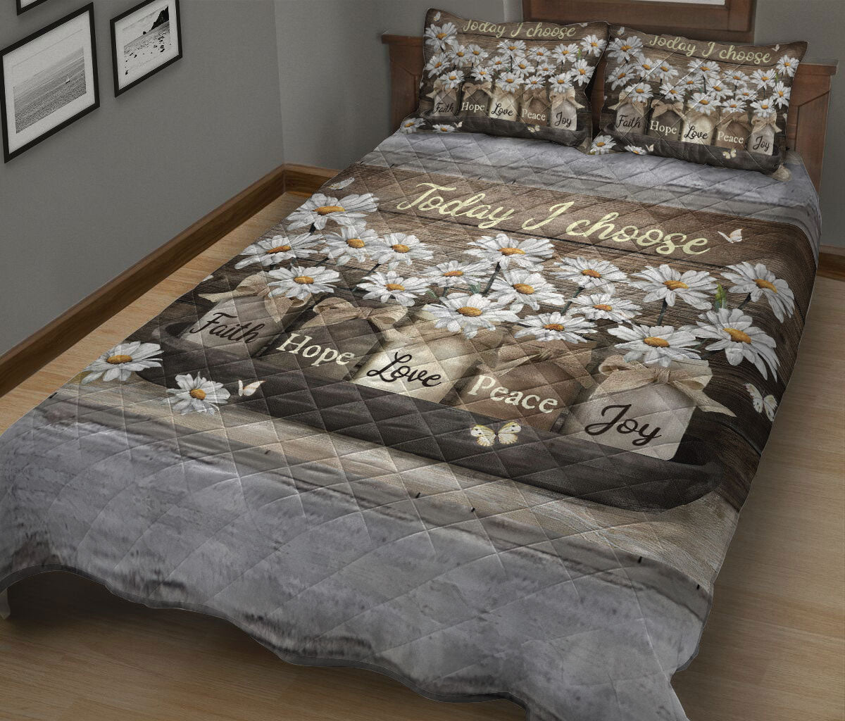 Christian Quilt Set, Today I Choose Faith Hope Love Peace Joy Daisy Floral Quilt Blanket With Pillowcases, Quilt Bedding Set