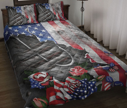Fishing Quilt Set, Fishing Proud Nation Patriotic American Us Flag Floral Quilt Blanket With Pillowcases, Quilt Bedding Set, July 4th Gift