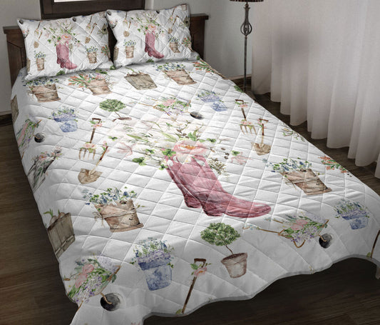 Gardening Quilt Set, Love Gardening Pink Boots Gardening Floral Quilt Blanket With Pillowcases, Quilt Bedding Set