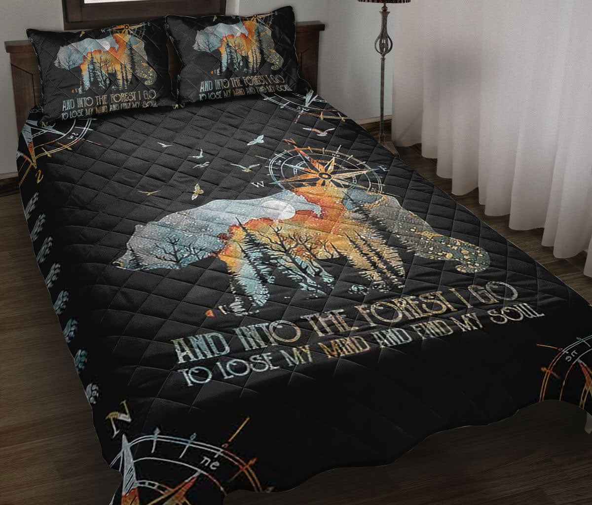 Camping Quilt Set, Camping Bear And Into Theest I Go Earth Color Quilt Blanket With Pillowcases, Quilt Bedding Set