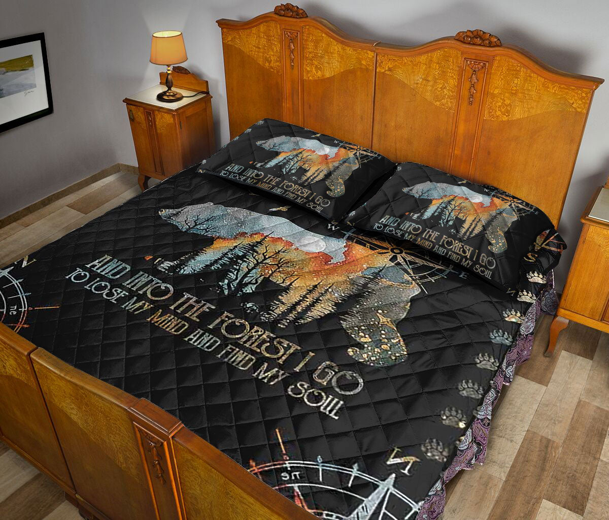 Camping Quilt Set, Camping Bear And Into Theest I Go Earth Color Quilt Blanket With Pillowcases, Quilt Bedding Set