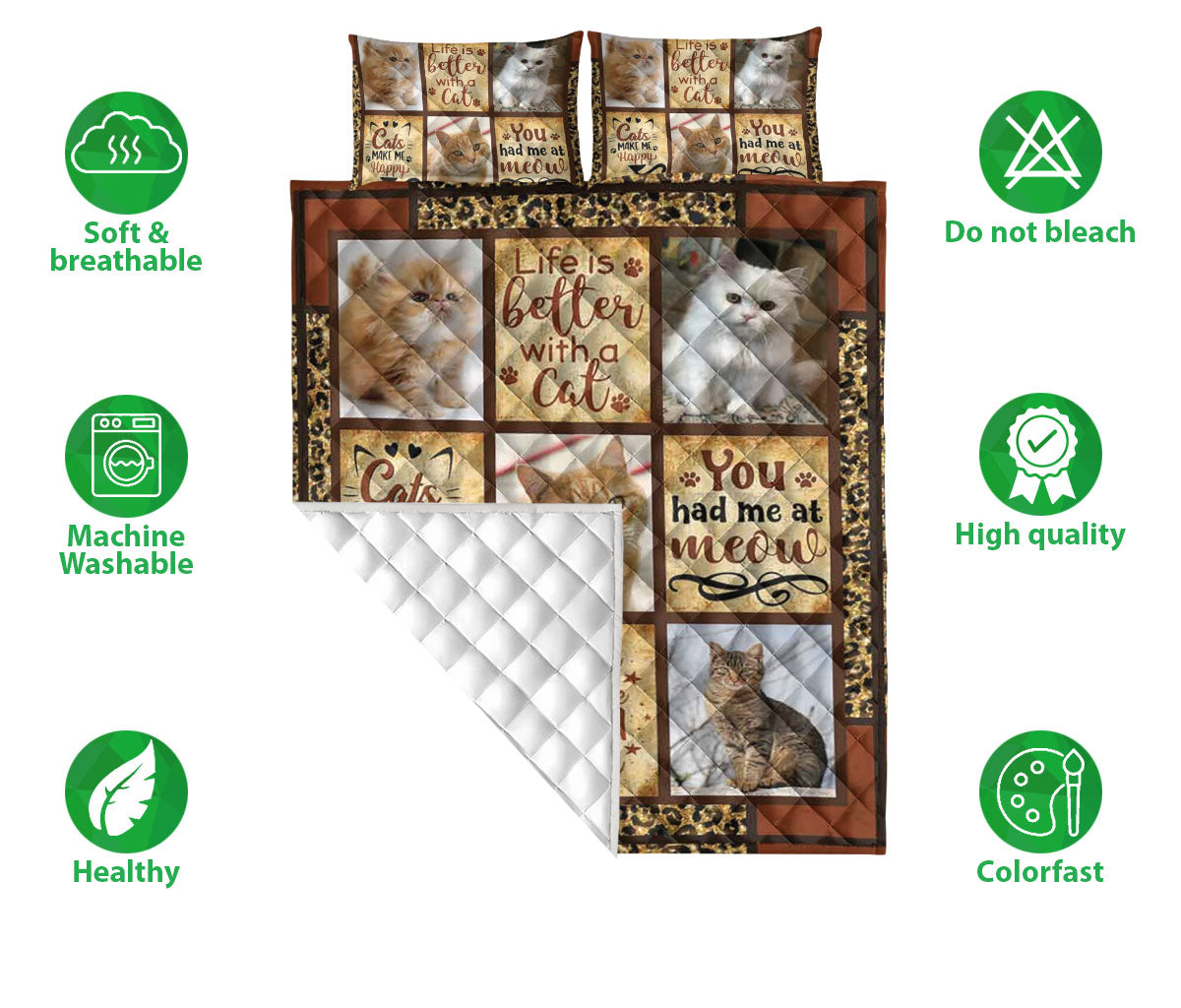 Cat Quilt Set, Life Is Better With A Cat Cat Kitten Patchwork Quilt Blanket With Pillowcases, Quilt Bedding Set