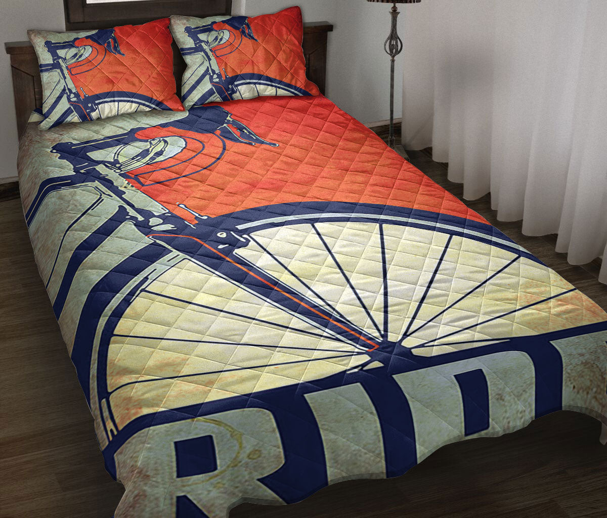 Cycling Quilt Set, Cycling Is My Passion Smile More Ride A Bike Red & Blue Quilt Blanket With Pillowcases, Quilt Bedding Set