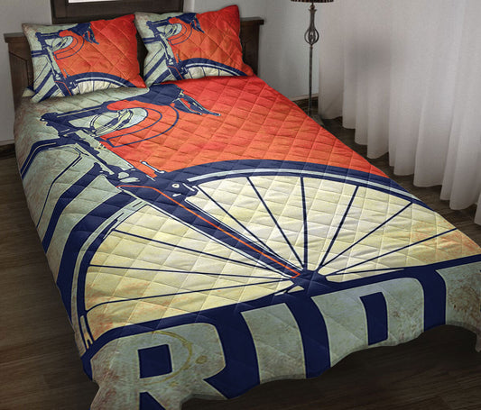 Cycling Quilt Set, Cycling Is My Passion Smile More Ride A Bike Red & Blue Quilt Blanket With Pillowcases, Quilt Bedding Set