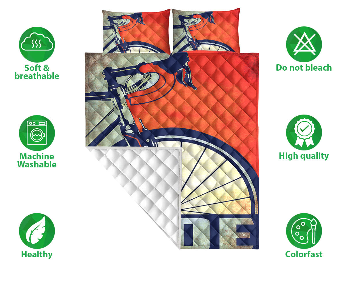 Cycling Quilt Set, Cycling Is My Passion Smile More Ride A Bike Red & Blue Quilt Blanket With Pillowcases, Quilt Bedding Set
