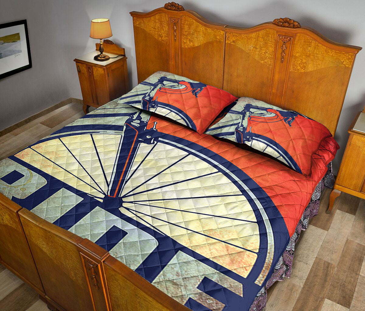 Cycling Quilt Set, Cycling Is My Passion Smile More Ride A Bike Red & Blue Quilt Blanket With Pillowcases, Quilt Bedding Set