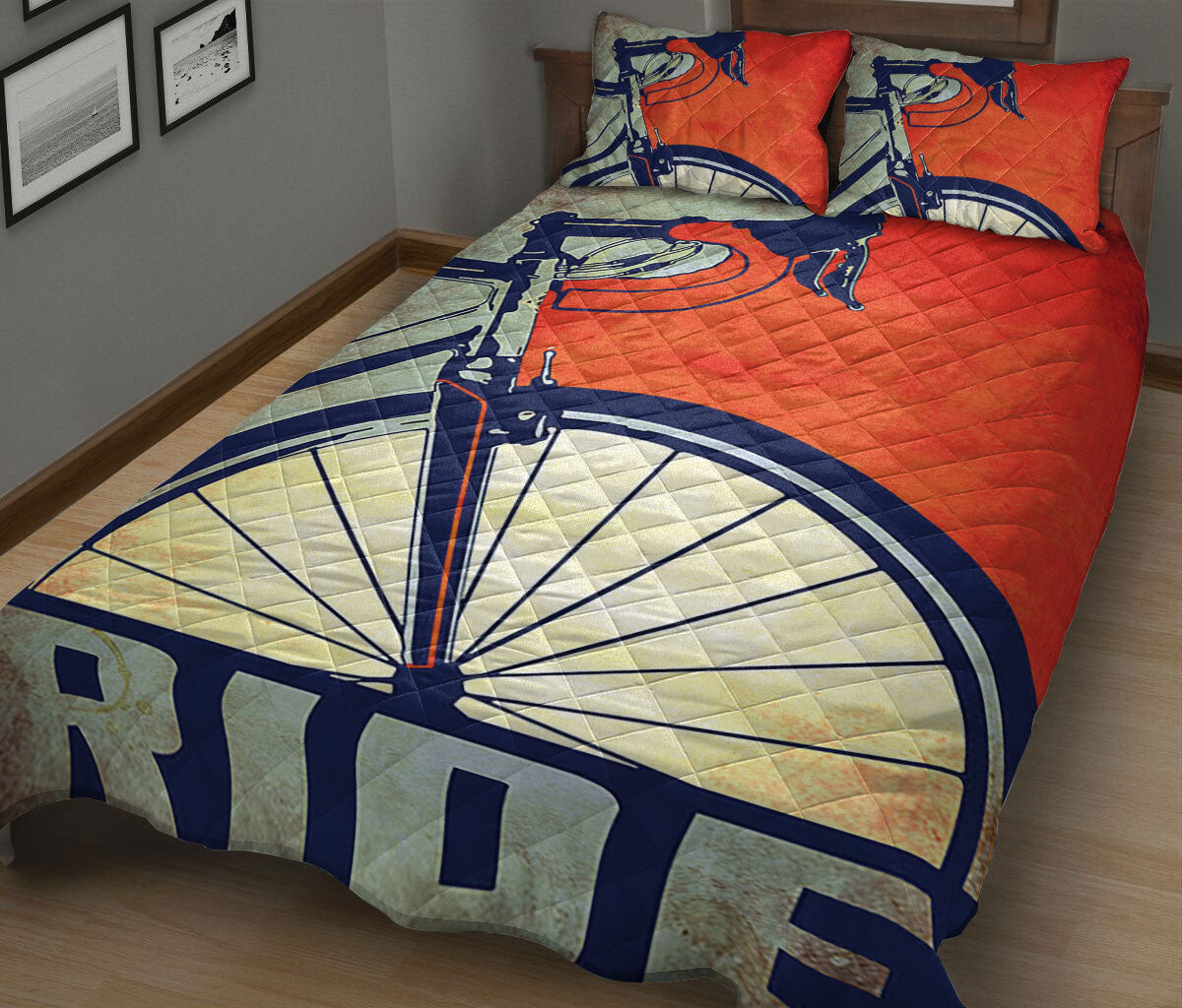 Cycling Quilt Set, Cycling Is My Passion Smile More Ride A Bike Red & Blue Quilt Blanket With Pillowcases, Quilt Bedding Set