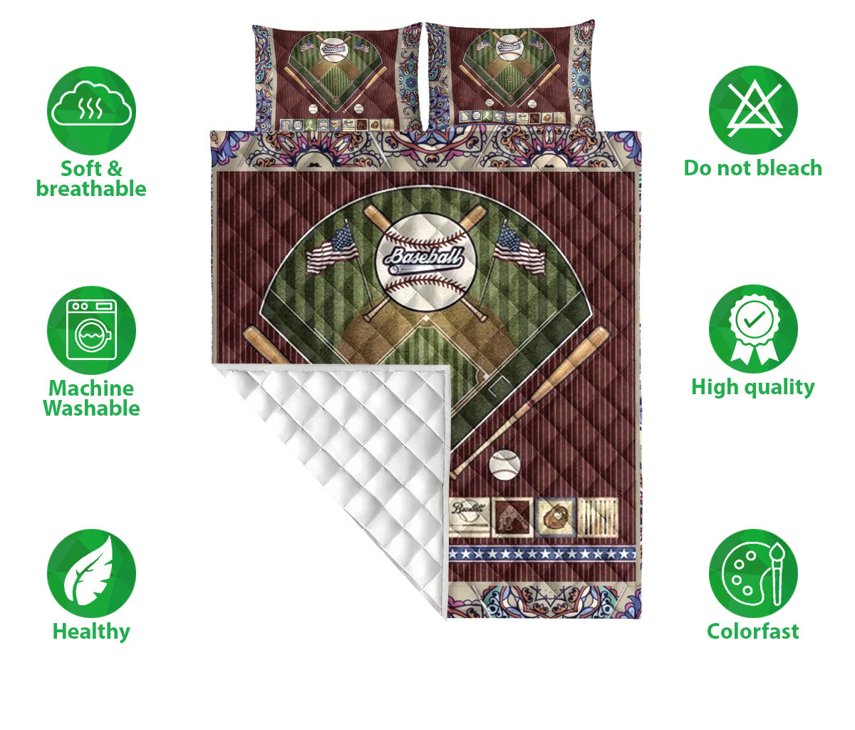 Baseball Quilt Set, Baseball Ball Field Touchdown Baseball Player Quilt Blanket With Pillowcases, Quilt Bedding Set, Sports Gifts