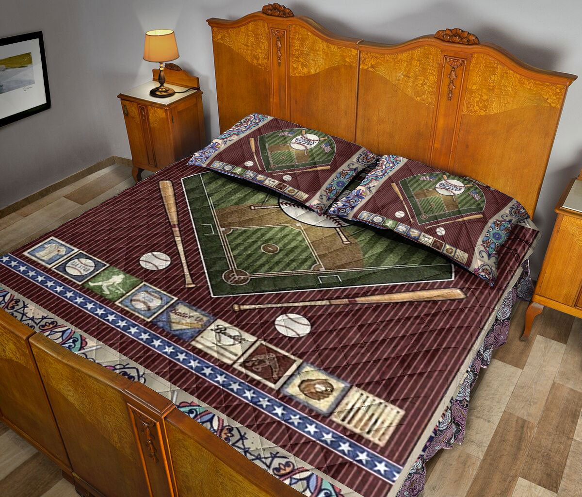 Baseball Quilt Set, Baseball Ball Field Touchdown Baseball Player Quilt Blanket With Pillowcases, Quilt Bedding Set, Sports Gifts