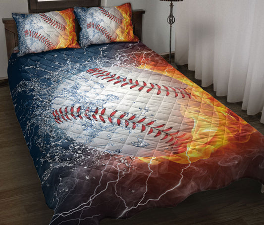 Baseball Quilt Set, Baseball Ball Fire & Water Men Women Kid Quilt Blanket With Pillowcases, Quilt Bedding Set, Sports Gifts