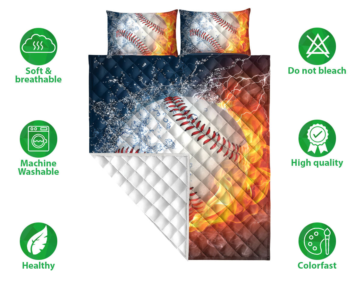 Baseball Quilt Set, Baseball Ball Fire & Water Men Women Kid Quilt Blanket With Pillowcases, Quilt Bedding Set, Sports Gifts