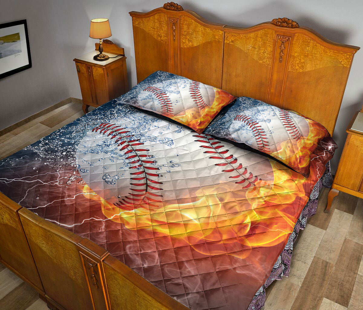 Baseball Quilt Set, Baseball Ball Fire & Water Men Women Kid Quilt Blanket With Pillowcases, Quilt Bedding Set, Sports Gifts