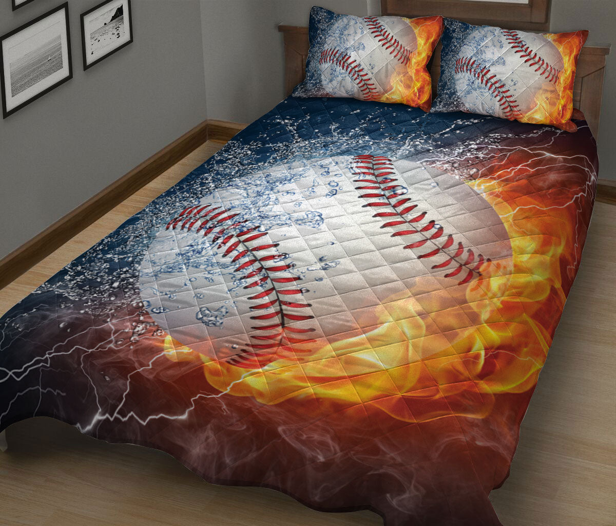 Baseball Quilt Set, Baseball Ball Fire & Water Men Women Kid Quilt Blanket With Pillowcases, Quilt Bedding Set, Sports Gifts