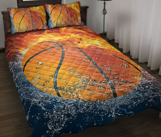 Basketball Quilt Set, Basketball Ball Fire & Water Men Women Kids Quilt Blanket With Pillowcases, Quilt Bedding Set