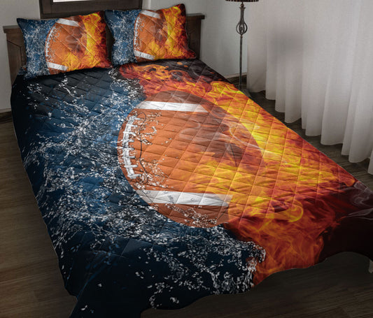 Football Quilt Set, American Football Ball Fire & Water Red & Blue Quilt Blanket With Pillowcases, Quilt Bedding Set